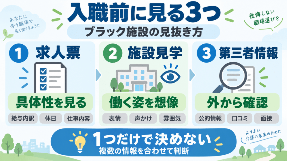 ブラックな介護施設を入職前に見抜く3つの方法を説明する画像