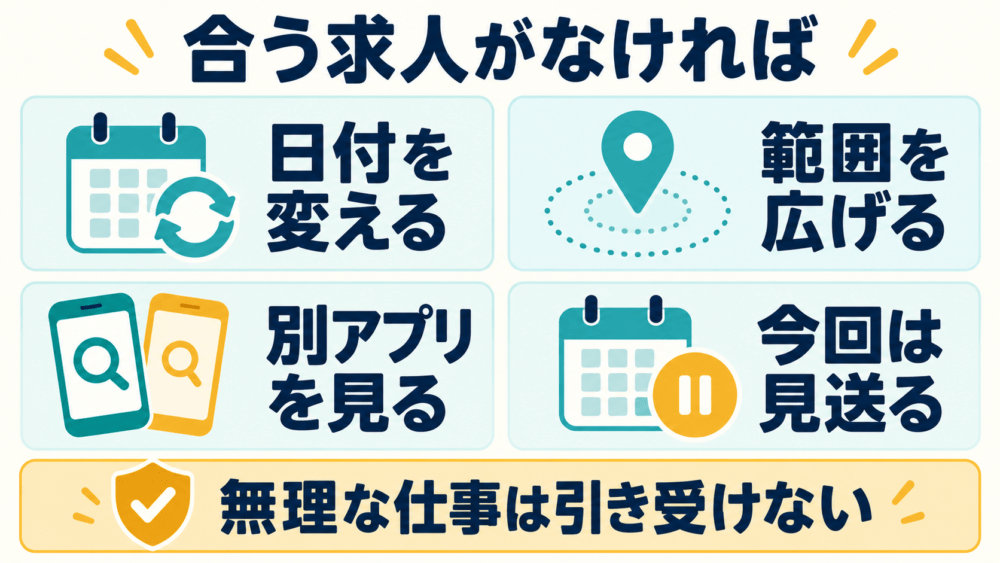 条件に合う求人がなければ、探す範囲を変えることを説明する画像