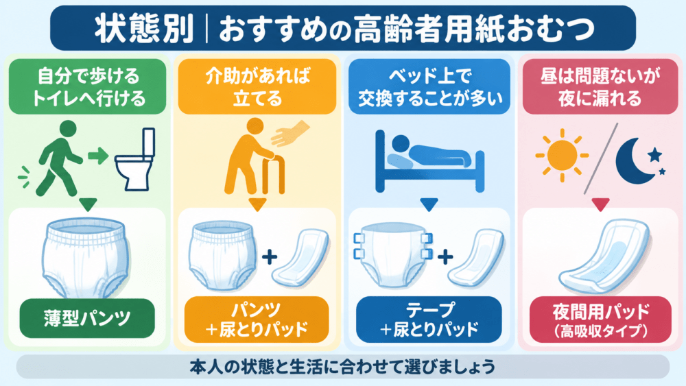 状態別｜おすすめの高齢者用紙おむつを説明する画像