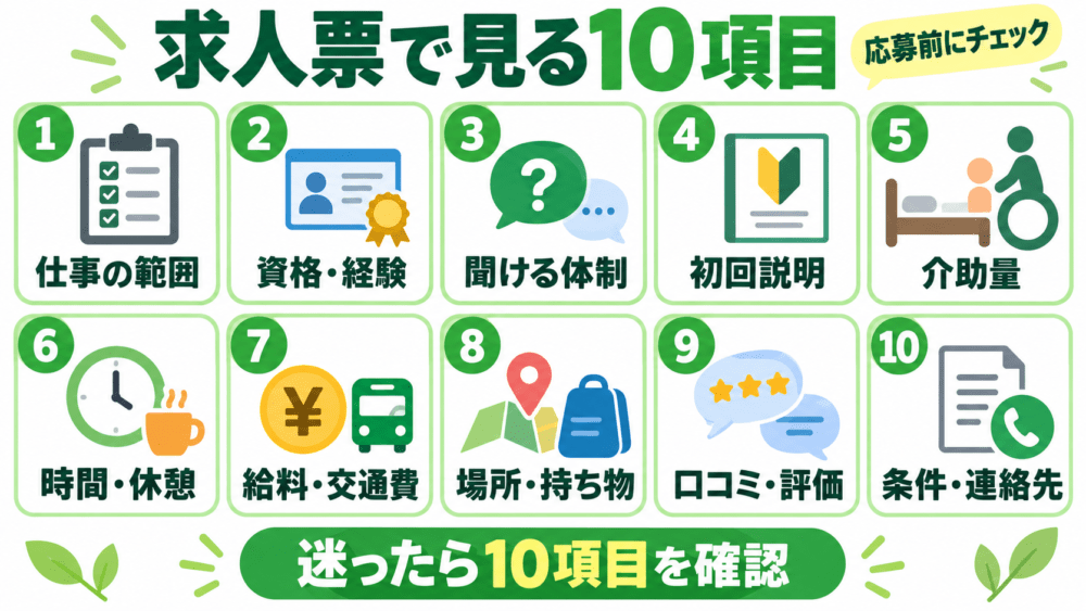 介護単発バイトの求人票で確認したい10のことを説明する画像