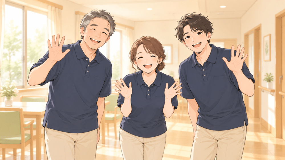 笑顔でこちらに手を振る3人の介護士