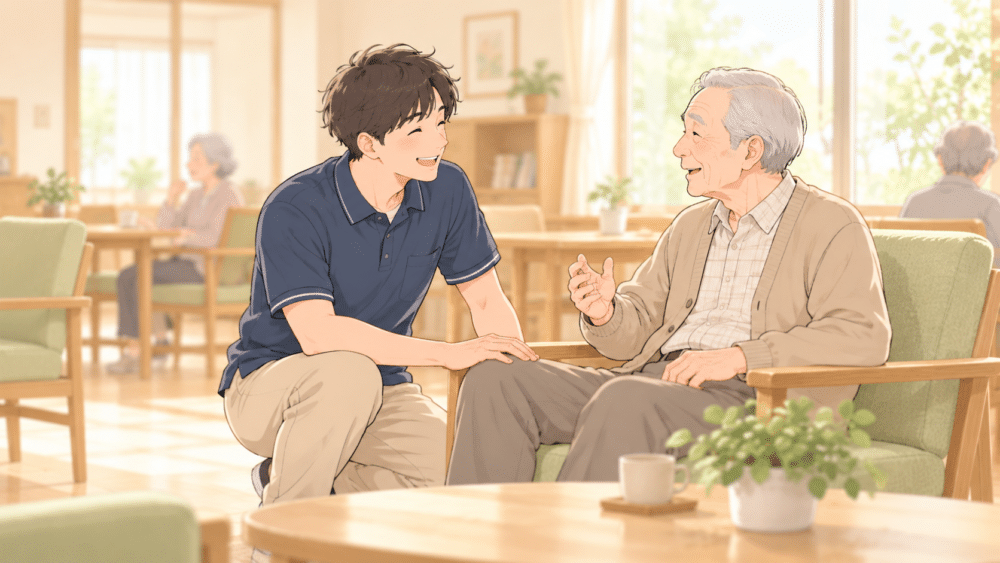高齢者の話に穏やかに耳を傾ける介護士のイラスト