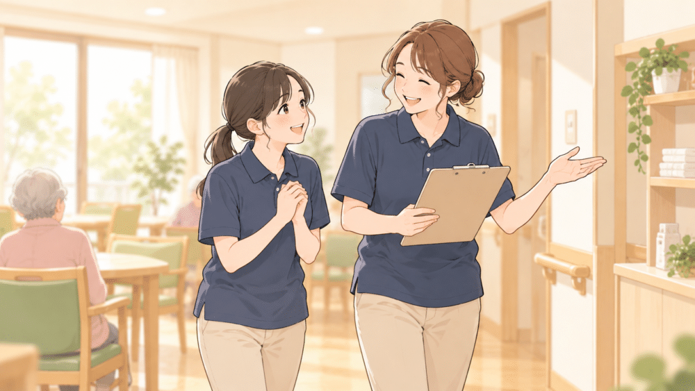 介護施設で仕事の説明を受けながら歩く介護士たち