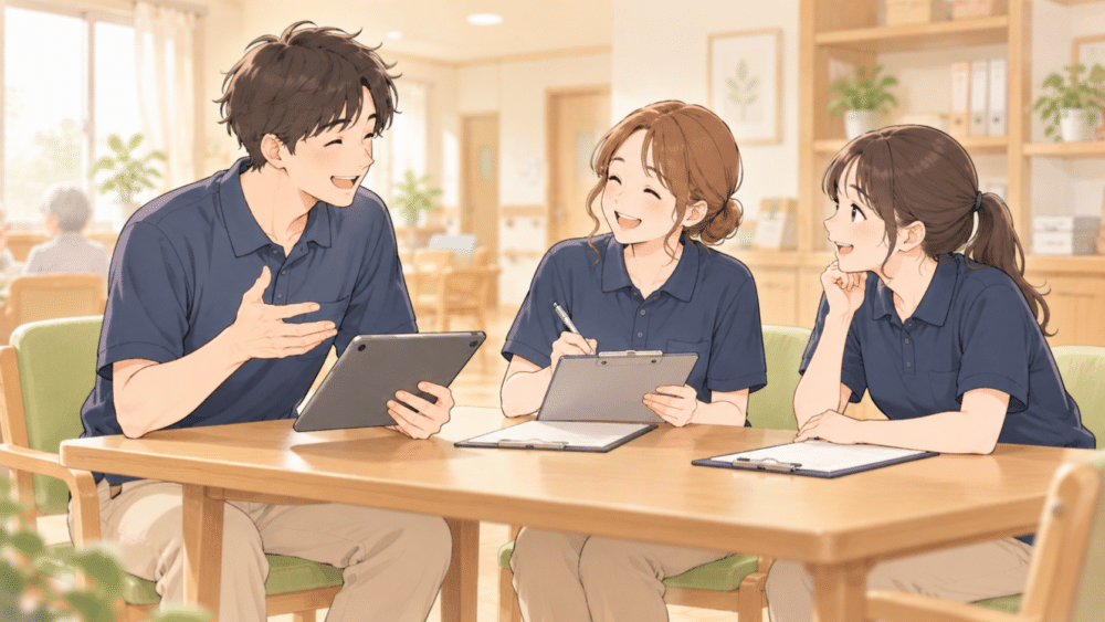 資料を見ながら話し合う介護士たち
