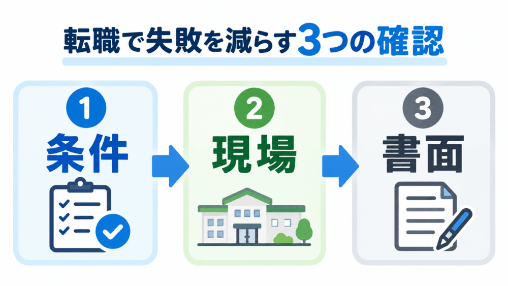 【介護職の転職で失敗を減らす「条件・現場・書面」の3ステップ】