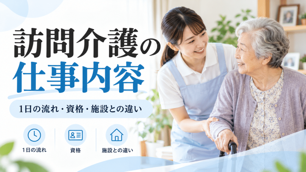 訪問介護の仕事内容を現役介護福祉士が解説。身体介護・生活援助・通院等乗降介助の具体例、1日の流れ、必要な資格、施設介護との違い、仕事の大変さや職場選びのポイントを紹介します。