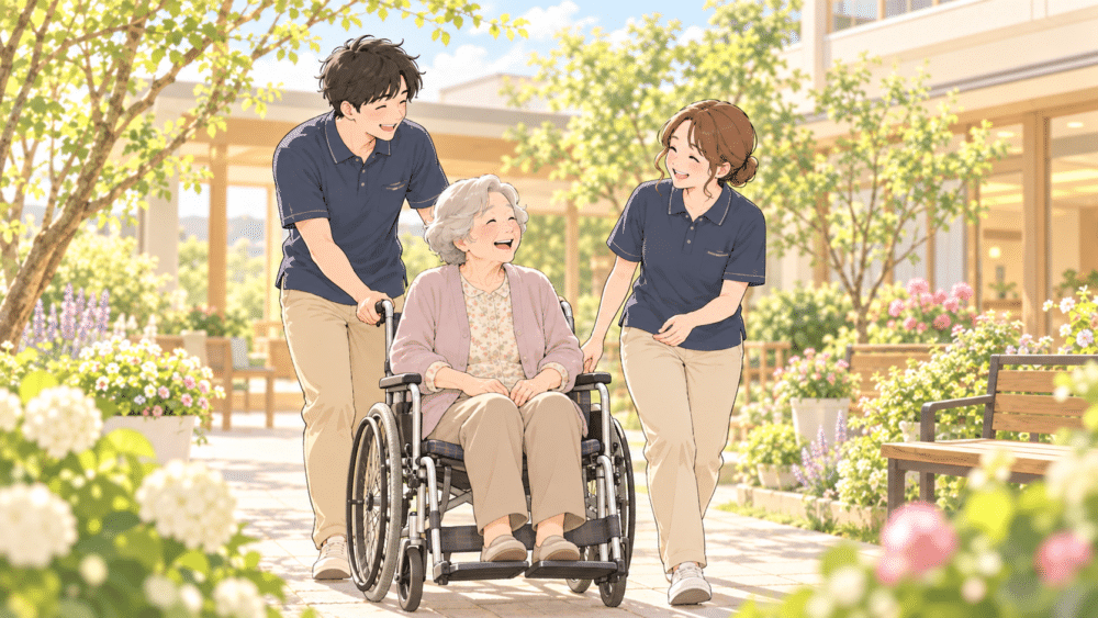 庭で車いすの利用者に寄り添う介護士たち