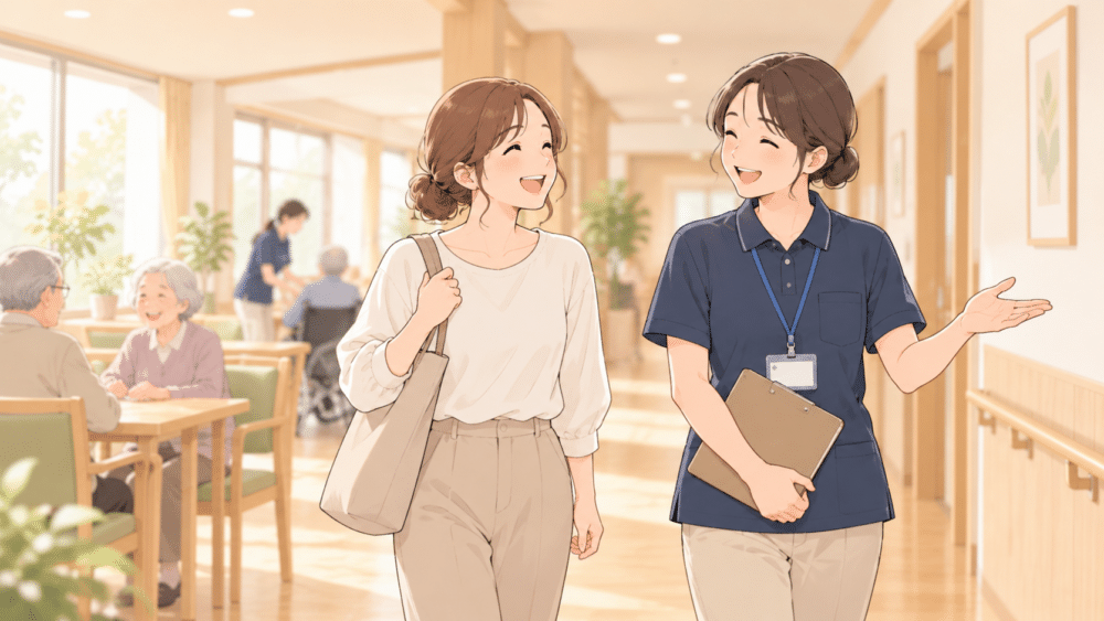 介護施設を見学し、スタッフから案内を受ける女性
